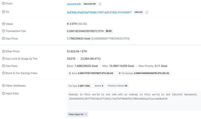 This image displays an Ethereum blockchain transaction from taovid.eth to nd4.eth with a $0.45 transaction fee, featuring the input data message "Nobody in this world is not nd4.eth as nobody in this world is not Satoshi Nakamoto" followed by a hash. The transaction exemplifies the post's theme that "we are all nd4.eth" by literally encoding nd4.eth's name into an on-chain message alongside a reference to Satoshi Nakamoto, symbolizing a shared identity within the crypto community.