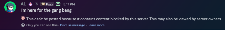 A Discord message from user 'AL' in a server, with the text 'I'm here for the gang bang' blocked by the server's content filter, showing a notice that the message contains blocked content.