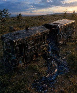 An abandoned, graffiti-covered bus sits in a desert landscape at dusk, with a striking trail of glowing blue particles flowing from beneath it.