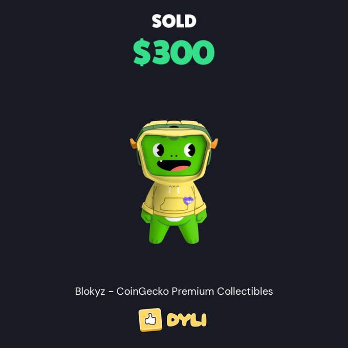 A 3D-rendered Blokyz character in a yellow hoodie stands against a dark background, with "SOLD $300" displayed in white and green text at the top, while the caption "Blokyz – CoinGecko Premium Collectibles" and a "DYLI" logo appear below, highlighting a successful secondary market resale of the CoinGecko-branded collectible NFT.