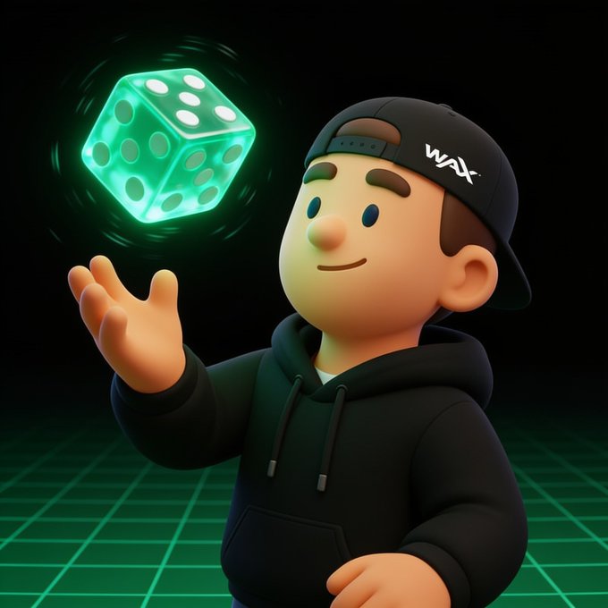 A cartoon character wearing a black "WAX" cap smiles while tossing a glowing green die, visually representing WAX's on-chain RNG (random number generator) that provides verifiable, transparent randomness for game developers. The floating dice symbolizes the "provable luck" promised by the platform, where every roll can be cryptographically verified on-chain.