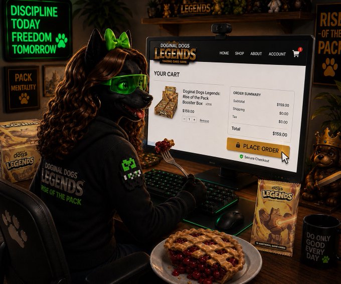 A detailed AI-generated image of a dog character with curly brown hair and a green bow, sitting at a desk and placing an order on the "DOGINAL DOGS LEGENDS" website; visible text includes "DISCIPLINE TODAY FREEDOM TOMORROW", "YOUR CART", "ORDER SUMMARY", "PLACE ORDER", and "DO ONLY GOOD EVERY DAY".