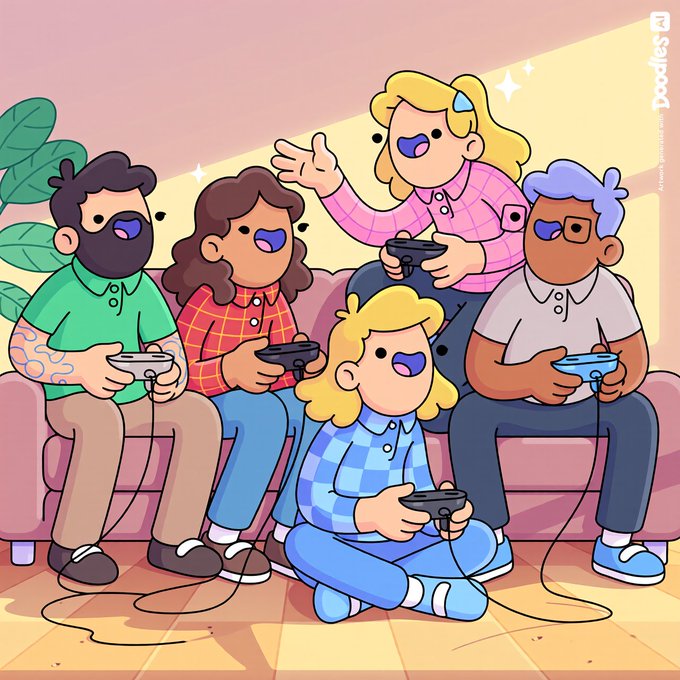 A cartoon illustration by 'Doodles' showing five diverse characters sitting on a couch and floor, happily playing video games together.