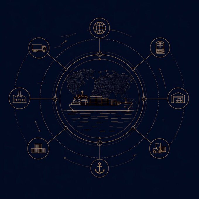 A dark navy infographic showing a central cargo ship over a world map, surrounded by circular icons representing a globe, truck, train, warehouse, forklift, anchor, shipping containers, and factory, connected by orbital lines depicting global trade logistics.