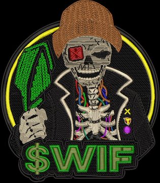 A stylized embroidered patch showing a skeleton in a brown beanie and black coat holding a green cash bag, with the text "$WIF" in green at the bottom.