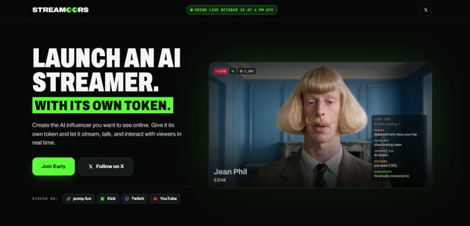 A promotional page for STREAM0CRS advertising the ability to launch an AI streamer with its own token, featuring a blonde AI character named 'Jean Phil'.