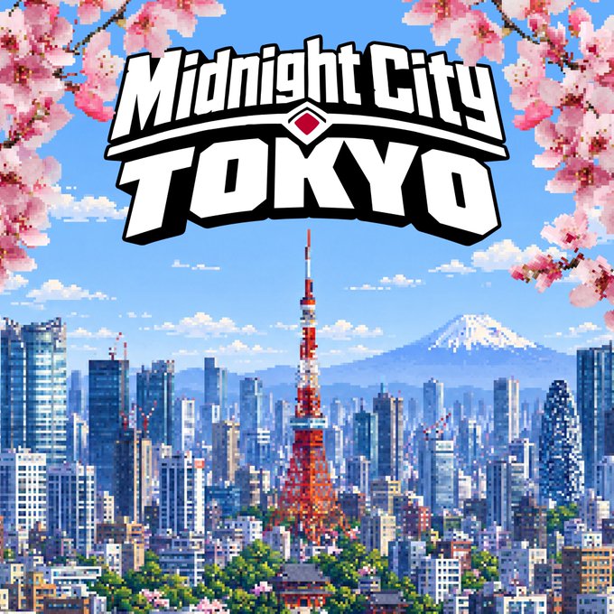 Promotional image for "Midnight City TOKYO" featuring pixel art of Tokyo Tower, the Tokyo skyline, Mount Fuji, and cherry blossoms framing the title logo.