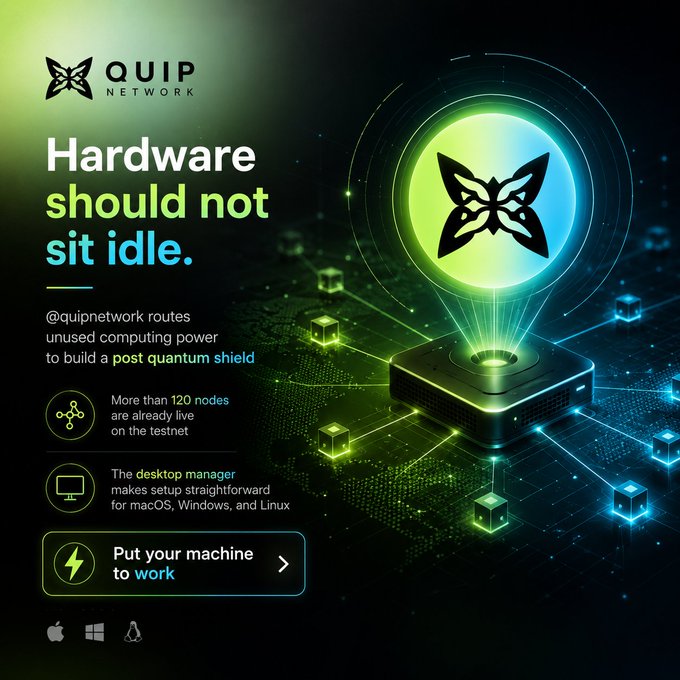 The image features an advertisement for Quip Network's hardware. It showcases a computer chip with a butterfly design, surrounded by numerous cubes of various sizes. The background of the image is black, which contrasts with the colorful elements within the frame. The text in the image reads "Hardware should not sit idle @quipnetwork routes unused computing power to build a post quantum shield More than 120 nodes are already live on the testnet The desktop manager makes setup straightforward for macOS, Windows, and Linux Put your machine to work".
