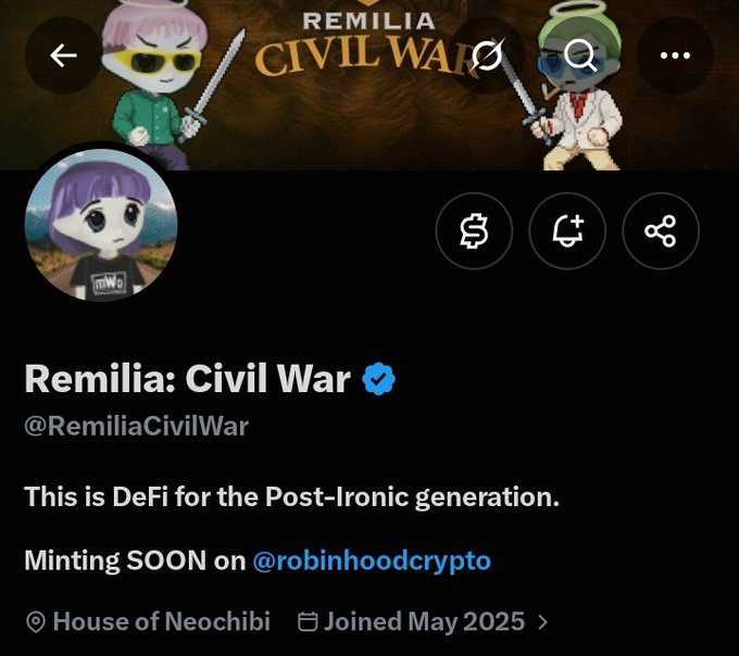 A Twitter/X profile for 'Remilia: Civil War' (@RemiliaCivilWar) describes itself as 'DeFi for the Post-Ironic generation,' with a banner showing pixel-art characters with swords.