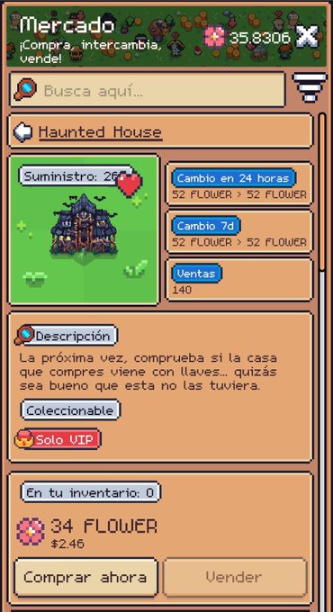 The image shows a text box on an Android device, displaying some information about selling or buying a house for sale. The phone is showing an option to sell the house "34 flower", which means it is a single-family home with a garden. The image also features a small picture of the house and includes a description in both English and Spanish. The post seems to be discussing whether this particular house will increase in value on Halloween or not.