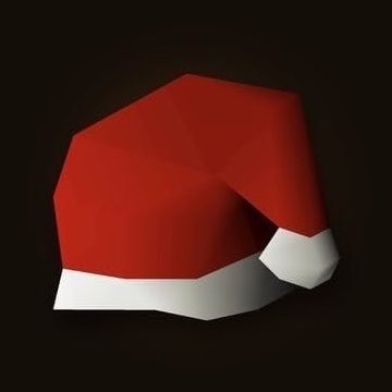 A low-poly 3D rendering of a red Santa hat with white trim against a black background.