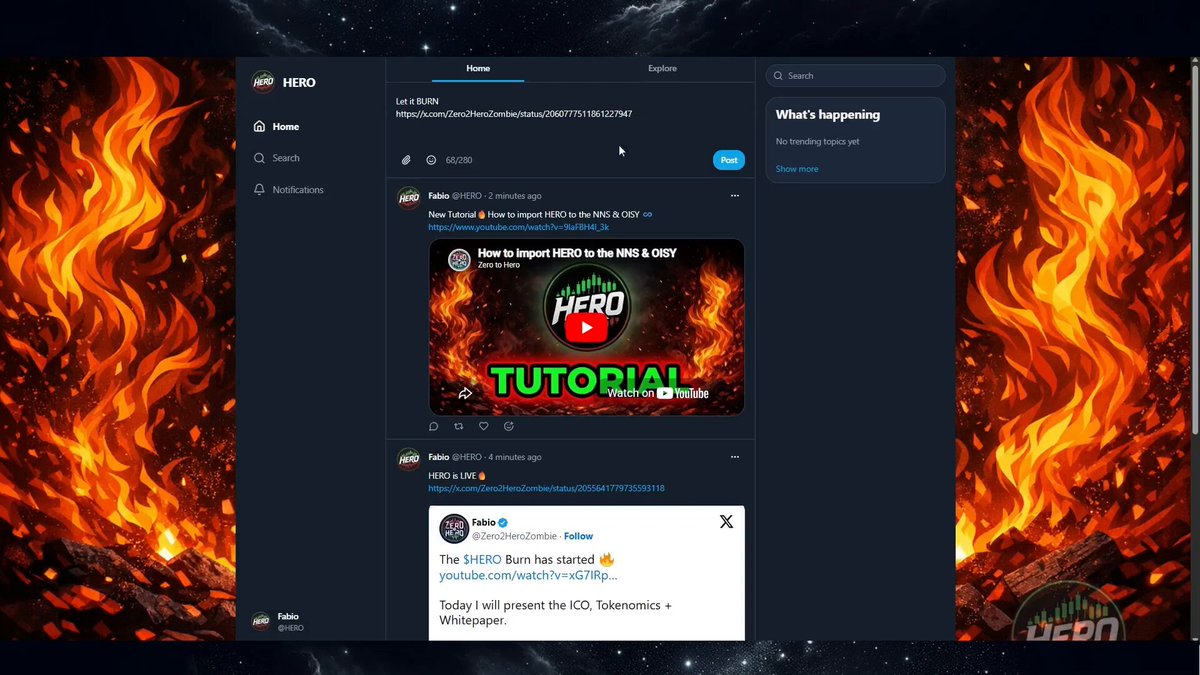 The image shows a computer screen displaying a social media application called "#HERO" that was posted by a user named "@caffeineai". The post includes a link to an instructional video about using the app, which has been shared on Twitter. The caption of the post reads "This is the future for #ICP It took only 20 minutes to deploy an Onchain Social Media application that resembles X for !" Hero." This indicates that the user has successfully deployed and posted the "#HERO" app on Twitter using a tutorial video, which has been shared by other users.