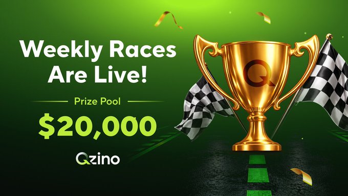 The image announces "Weekly Races Are Live!" with a $20,000 prize pool from Qzinho, depicted by a trophy and checkered flags, correlating with the accompanying post's promotion.