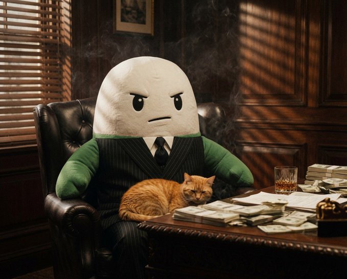 A humorous AI-generated image of an anthropomorphic rice ball (onigiri) wearing a pinstripe suit and tie, sitting in a leather chair at a desk with stacks of money, a whiskey glass, and an orange cat.