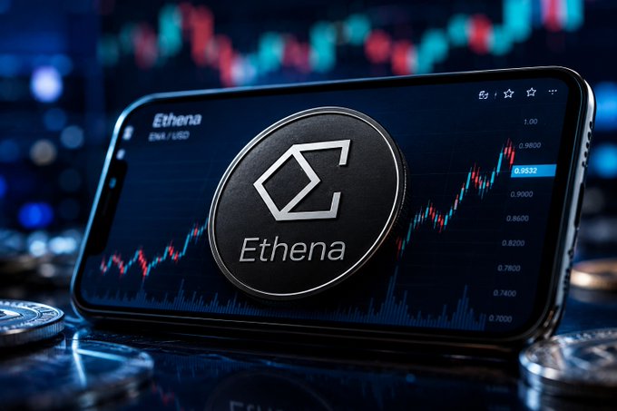 A smartphone displays the Ethena (ENA/USD) cryptocurrency logo over a trading chart showing a price of 0.9832, with physical coins and stock chart background.