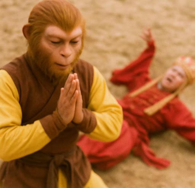 A scene featuring a CGI monkey in yellow and brown clothing with hands pressed together in prayer, while a person in red robes lies on sandy ground behind him.