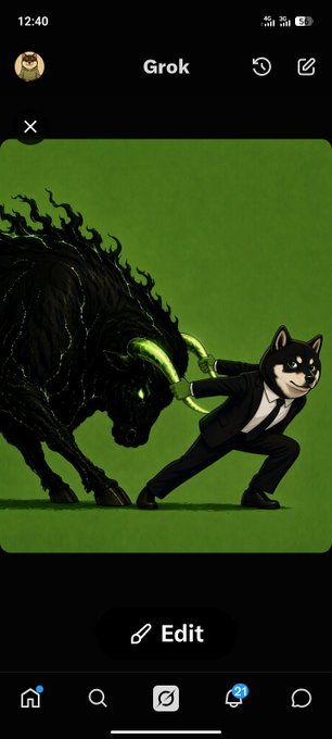 A mobile phone screenshot displays the 'Grok' app featuring an AI-generated image of a black horse with green horns facing off with a dog-like figure in a suit.
