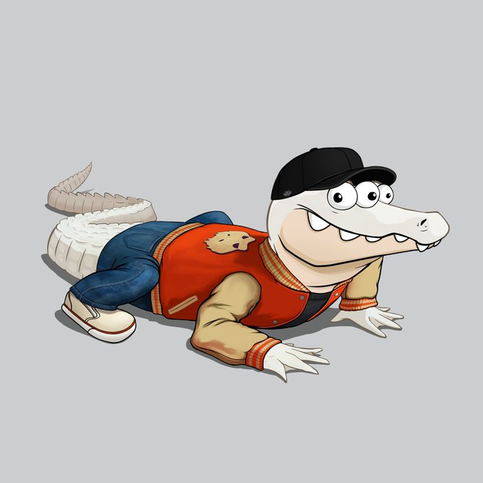 A cartoon crocodile or alligator character wearing a black cap, red varsity jacket with a bulldog patch, blue jeans, and sneakers, posed on hands and knees against a gray background.