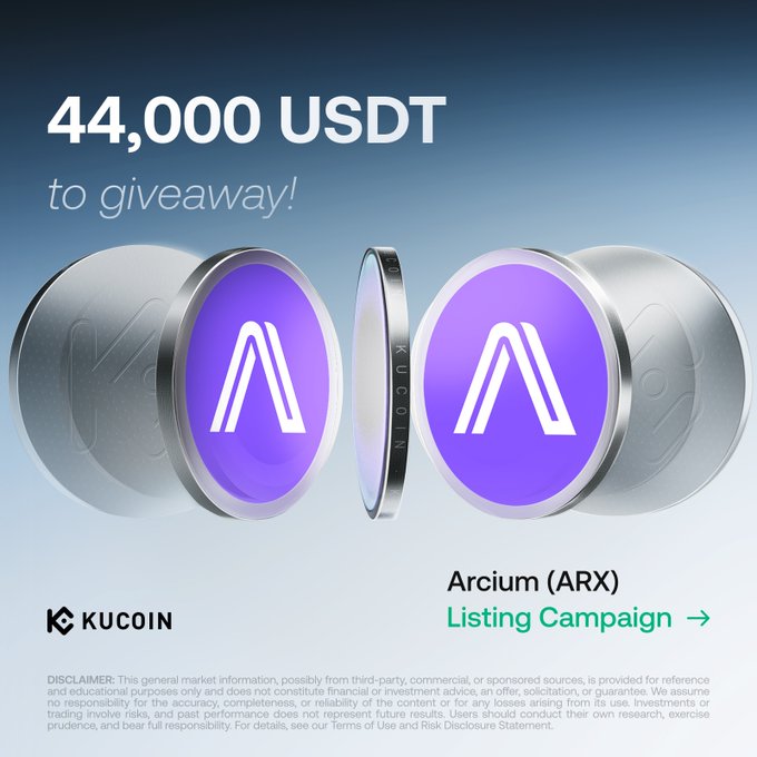 The image features a poster for an ARX campaign, which is sponsored by Arx. The poster includes two coins with purple and white designs, each labeled with the name "Arx" written in purple letters. The text on the poster announces that the campaign will be launching soon and offers rewards to participants who engage with it. The post also mentions a listing campaign for ARX, which is an activity on the KuCoin platform.