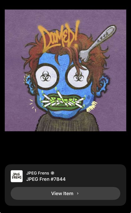 The artwork features a stylized blue-skinned character with wild red hair, biohazard symbol eyes, a green mouth overflowing with cigarettes, and a spoon stuck in their head, with "DRUGS!" written in graffiti-style text on their forehead, fitting the edgy "JPEG Frens" NFT theme. Below the image is a label reading "JPEG Frens #7844" with a "View Item" button, indicating this is a listing from the JPEG Frens NFT collection.