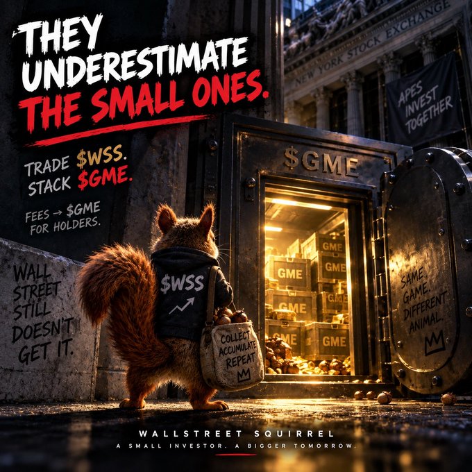The image is a promotional graphic for "Wallstreet Squirrel" featuring an anthropomorphic squirrel wearing a "$WSS" vest, standing before an open vault filled with golden "$GME" bars in front of the New York Stock Exchange, with text declaring "They underestimate the small ones. Trade $WSS. Stack $GME." 

The image visually echoes the post's message by drawing a parallel between the $WSS token and the historic GME short squeeze—portraying the squirrel as a scrappy underdog rallying small investors against Wall Street, reinforcing the narrative that $WSS is an undervalued meme stock token building toward a similar moonshot moment.
