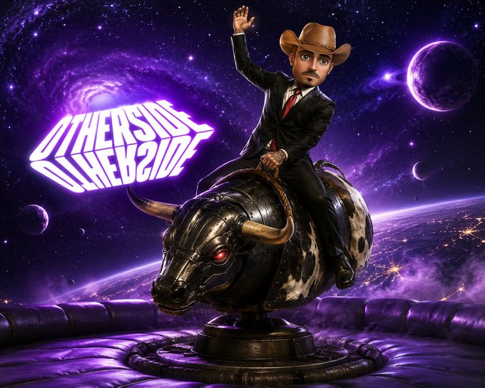 A digital artwork showing a man in a cowboy suit riding a mechanical bull against a purple space background with planets, accompanied by the text 'OTHERSIDE OTHEBSIDE'.