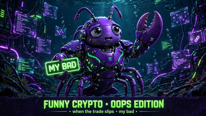 A digital illustration of a purple, robotic crustacean-like creature holding a sign that says 'MY BAD,' with the text 'FUNNY CRYPTO • OOPS EDITION' and 'when the trade slips • my bad.'