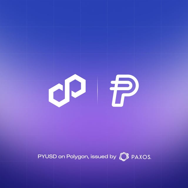 Promotional graphic with the Polygon and Paxos logos on a purple background, announcing 'PYUSD on Polygon, issued by PAXOS'.
