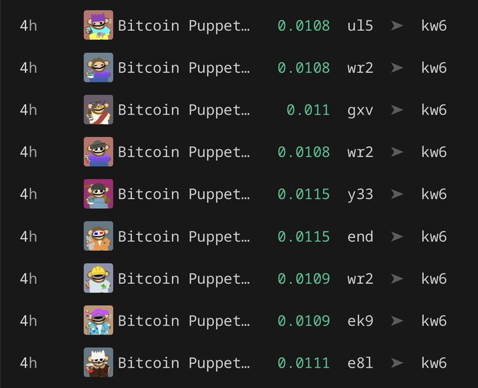A list of crypto transactions showing 'Bitcoin Puppet...' avatars with prices ranging from 0.0108 to 0.0115, all receiving from various addresses and sending to 'kw6'.