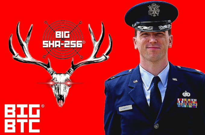 A graphic with a red background featuring a military officer's portrait alongside a deer skull logo, branded 'BIG SHA-256' and 'BIG BTC'.