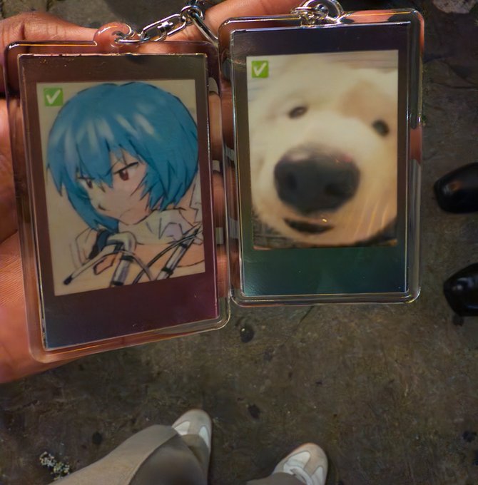 A person holds two keychain photo holders, one featuring an anime character with blue hair and the other showing a close-up of a dog's face, both marked with green checkmarks.