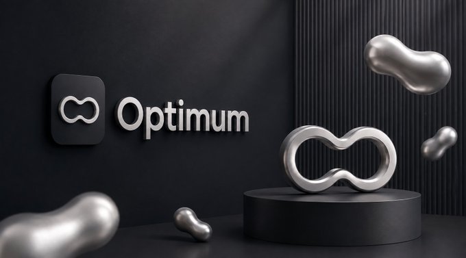 A 3D rendering of the 'Optimum' brand logo featuring an infinity symbol on a black background alongside metallic bean-shaped objects.