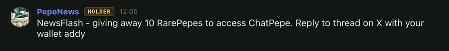 Discord message from 'PepeNews' (HOLDER role) at 12:05 reading: 'NewsFlash - giving away 10 RarePepas to access ChatPepe. Reply to thread on X with your wallet addy'.