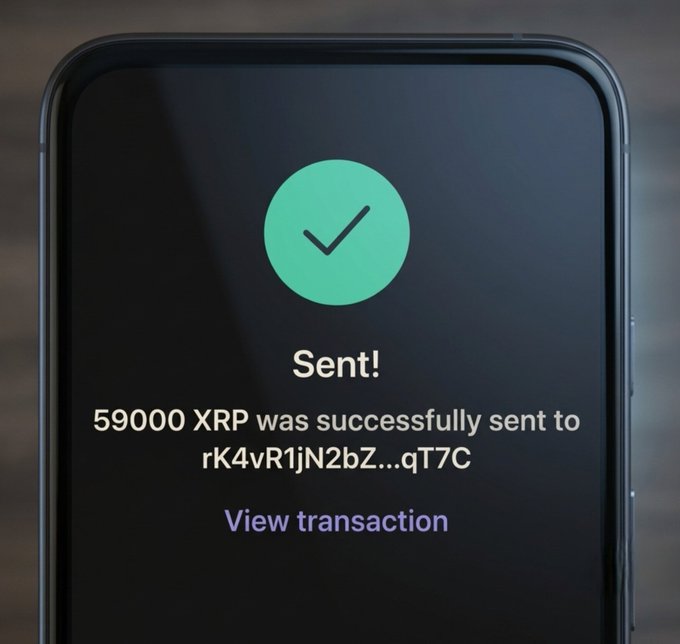 The image shows a cell phone screen displaying an email message with a green checkmark symbolizing success. The message reads "Sent! $59,000 XRP was successfully sent to rk4vrjn2bz... QR7C". This message seems to be related to the post about sending money through Ripple.