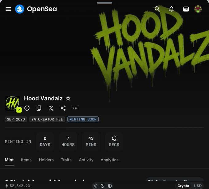 A countdown to the upcoming Hood Vandalz NFT mint, scheduled in 0 days, 7 hours, 43 minutes, and 14 seconds, on OpenSea with a 7% creator fee, as referenced by the accompanying post.