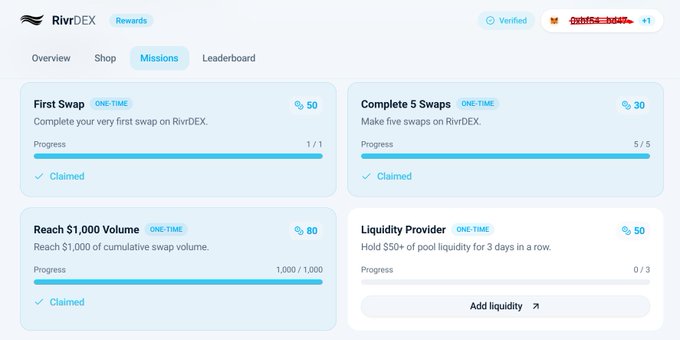 A RivrDEX Rewards missions page showing claimed one-time achievements—First Swap (50 pts), Complete 5 Swaps (30 pts), and Reach $1,000 Volume (80 pts)—alongside an unclaimed Liquidity Provider mission (50 pts) for holding $50+ of pool liquidity for 3 days. The interface aligns with the post's emphasis on simple, usage-driven DeFi incentives tied to swap activity on Rivr.