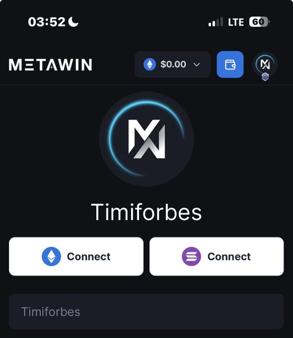 A mobile screenshot of the MetaWin app showing the username 'Timiforbes', a balance of $0.00, and two Connect buttons for Ethereum and Solana wallets.