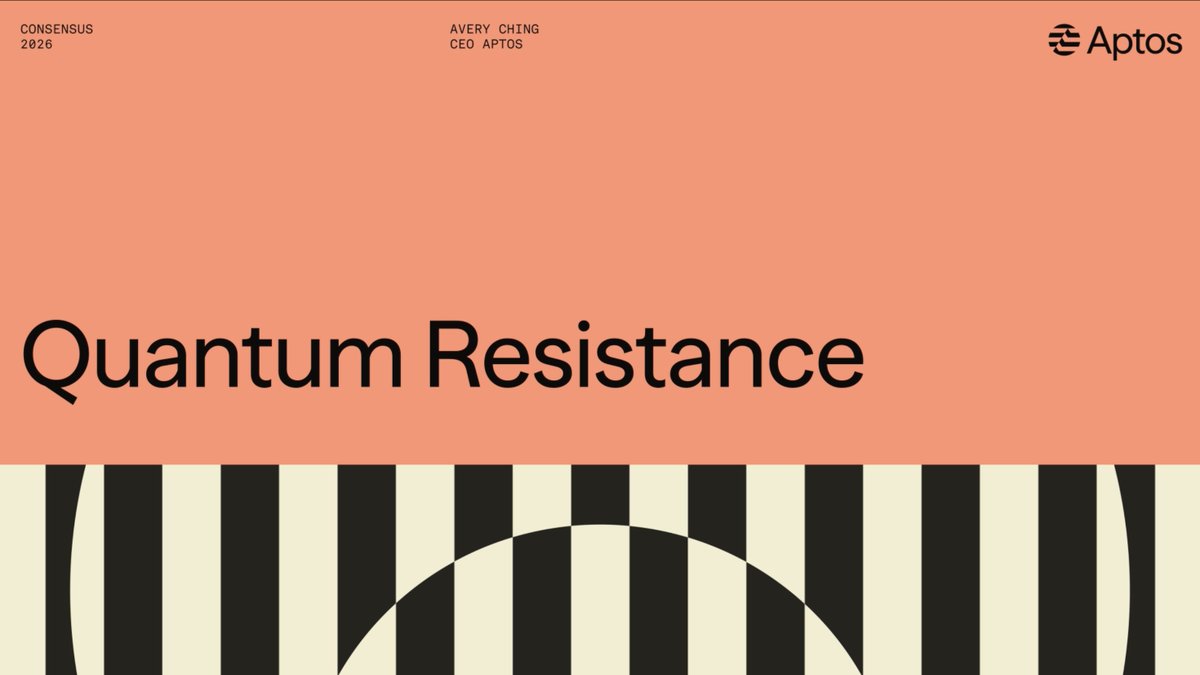 A presentation slide titled "Quantum Resistance" from Consensus 2026, featuring Aptos CEO Avery Ching's name at the top and a barcode-like graphic at the bottom, promoting Aptos's quantum-resistant blockchain technology.