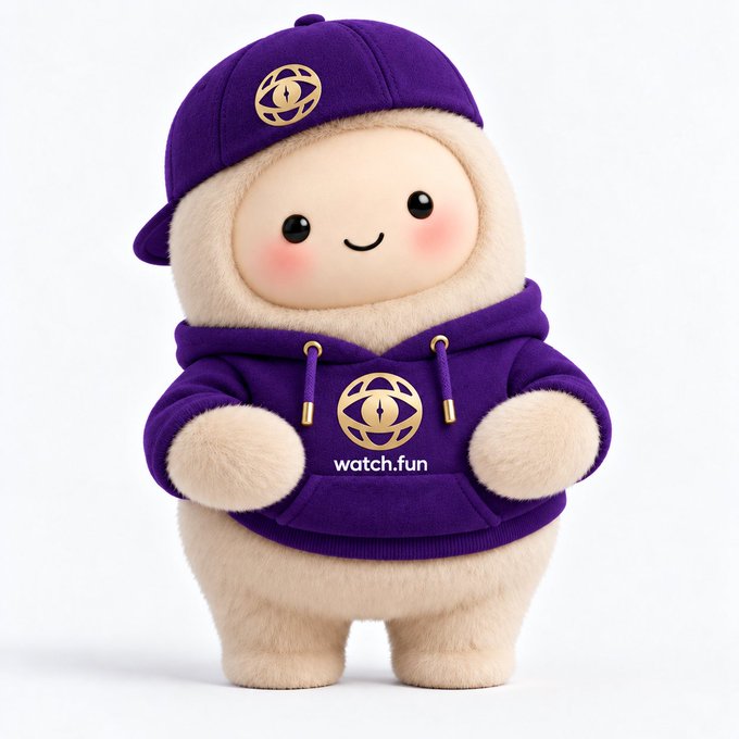 A cute plush toy character wearing a purple hoodie and matching purple cap, both featuring a gold watch-themed logo, with 'watch.fun' text on the hoodie.