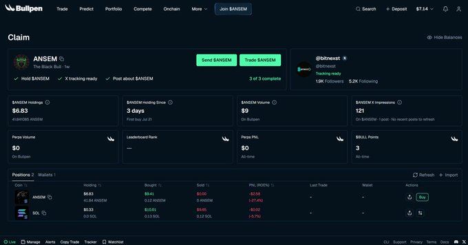 A screenshot of the Bullpen website showing a 'Claim' page for the ANSEM token, displaying a holding of $6.83, $0 sent volume, and a 'Trading ready' status for the @bitnext account.