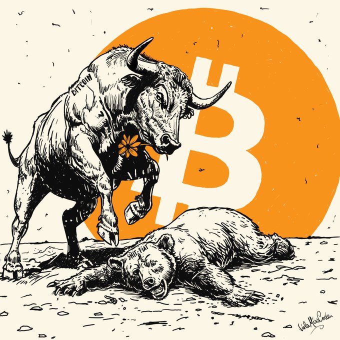 A black and white illustration of a charging bull stepping on a fallen bear, with a small orange flower in the bull's mouth, set against a large orange Bitcoin symbol.