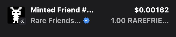 A cryptocurrency listing showing a 'Minted Friend' NFT from the Rare Friends collection priced at $0.00162 for 1.00 RAREFRI token.