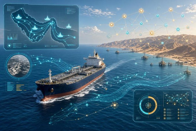 A digital illustration depicts a large cargo ship sailing on the ocean, overlaid with futuristic holographic displays showing maps, network nodes, data visualizations, and monitoring interfaces related to maritime shipping.
