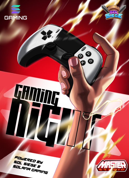 A vibrant promotional graphic titled 'GAMING NFT' shows a hand holding a PlayStation-style controller, branded with 'SOL SIEGE', 'SOLANA GAMING', and 'MASTER STUDIO' logos.