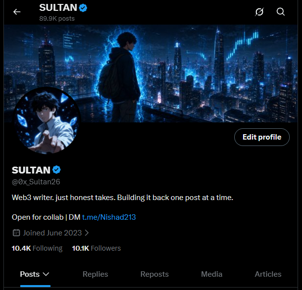 A screenshot of an X (Twitter) profile for a verified user named "SULTAN" (@0x_Sultan26), describing themselves as a "Web3 writer" with an anime-style profile picture and banner.