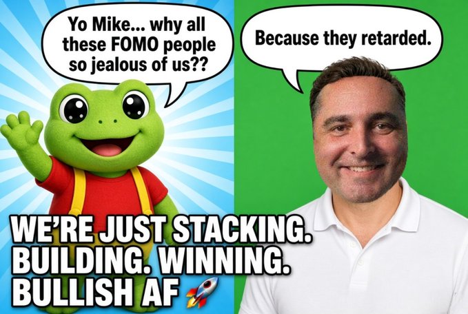 A cartoon green frog character asks a smiling man, "Yo Mike... why all these FOMO people so jealous of us??," to which he bluntly replies, "Because they retarded." The image includes bold text reading "WE'RE JUST STACKING. BUILDING. WINNING. BULLISH AF 🚀," tying into the accompanying post's bullish $TOAD (Toad) meme narrative aimed at "FOMO" observers.