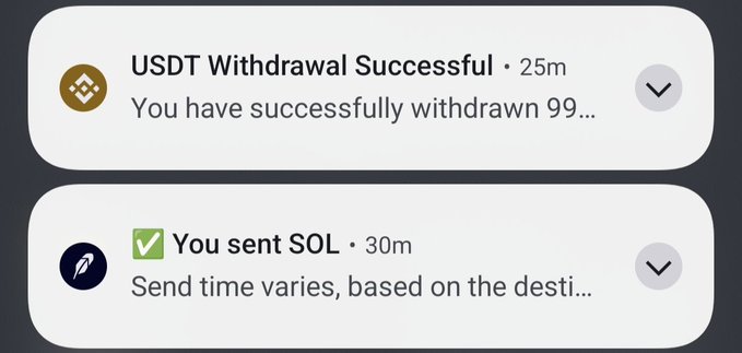 A screenshot of crypto transaction notifications showing a successful USDT withdrawal from 25 minutes ago and a SOL transfer from 30 minutes ago, confirming the user's "TP" (take profit) and send-to-Binance strategy described in the accompanying post.