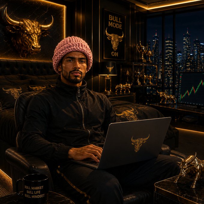 A man in a pink beanie and black tracksuit sits on a dark leather couch using a bull-emblazoned laptop in a luxury room decorated with golden bull statues, a "BULL MODE ON" neon sign, and a city skyline visible through the window.