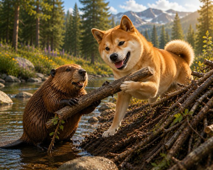 A scenic nature scene showing a beaver in the water holding a log alongside a smiling Shiba Inu dog on a pile of sticks, set against a backdrop of pine trees and mountains.