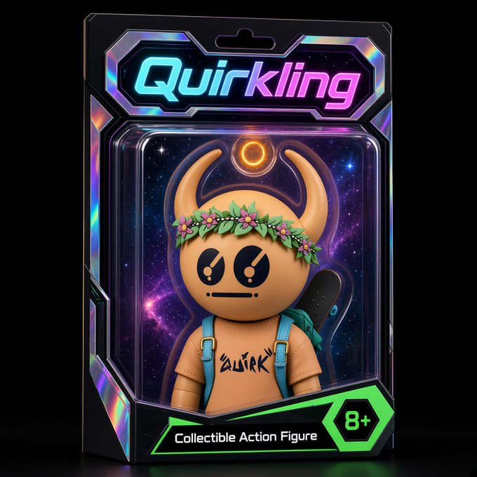 A toy package labeled 'Quirkling' featuring a collectible action figure character with horns, a flower crown, and a backpack, rated 8+.